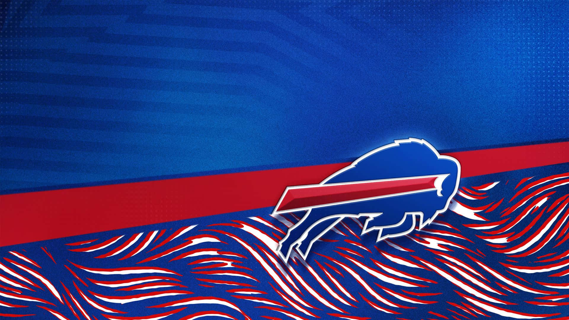  壁紙 — 一個動態的 Buffalo Bills 標誌跳過一個風格化的紅白藍波浪，背景為漸變藍色。