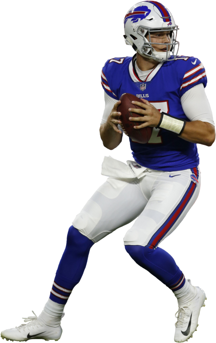 Buffalo Bills 四分衛動作姿勢 壁紙 — 一位身穿藍白球衣的布法羅比爾四分衛在黑色背景下手持橄欖球，處於投擲動作中。