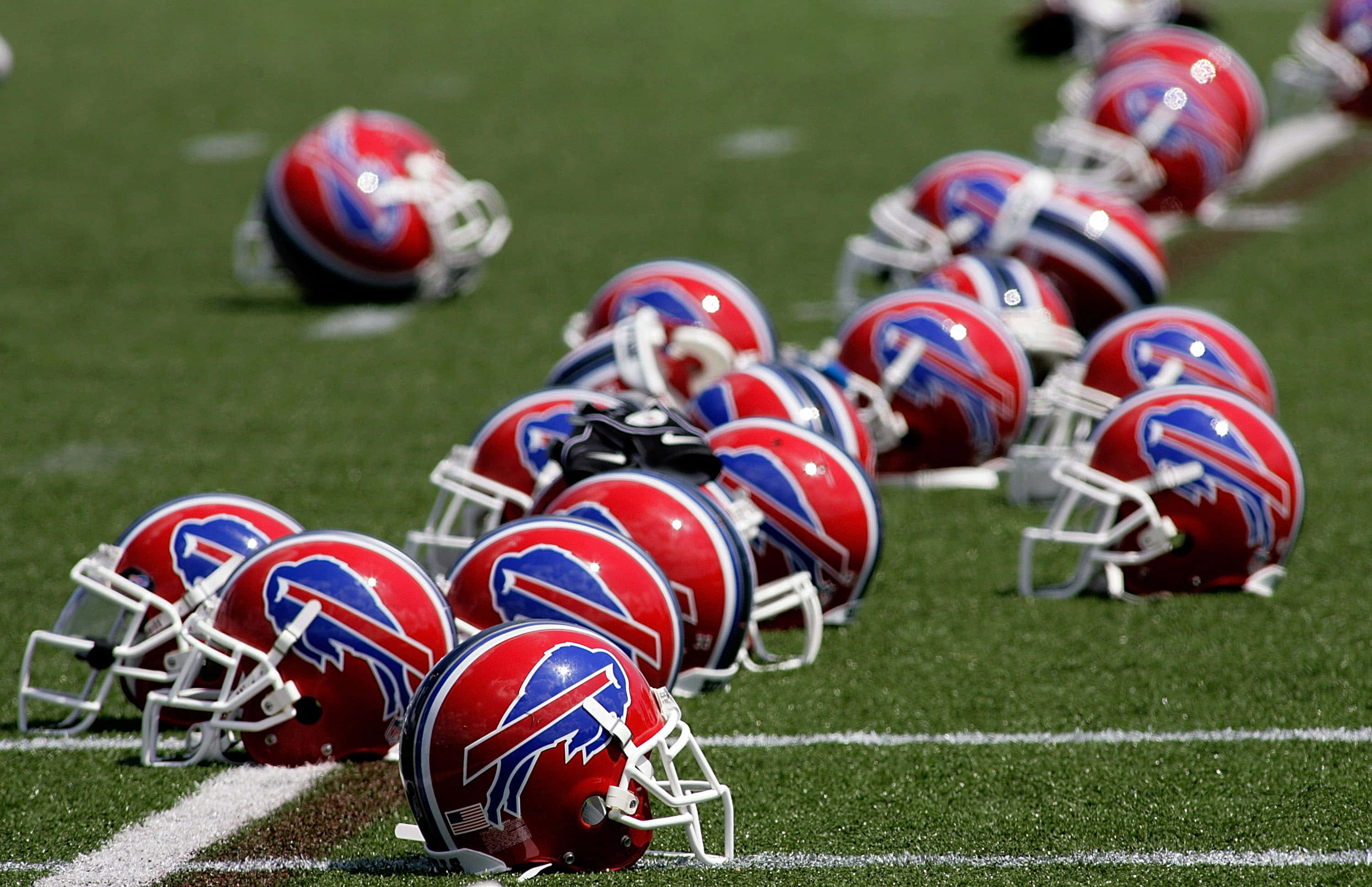 支持Buffalo Bills！ 壁紙 — 一排紅、藍、白色的水牛城比爾隊美式足球頭盔放在帶有白線的鮮綠色草地上。