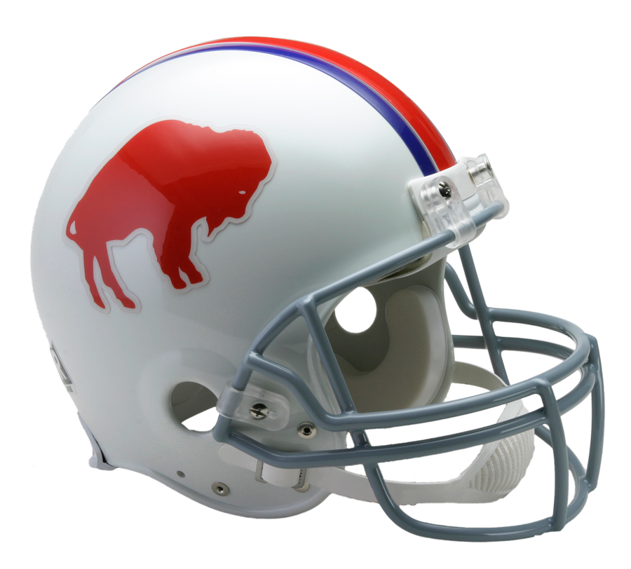 Buffalo Bills 足球頭盔設計 壁紙 — 一個亮面白色美式足球頭盔，帶有紅色水牛標誌和紅藍條紋，背景為純色。