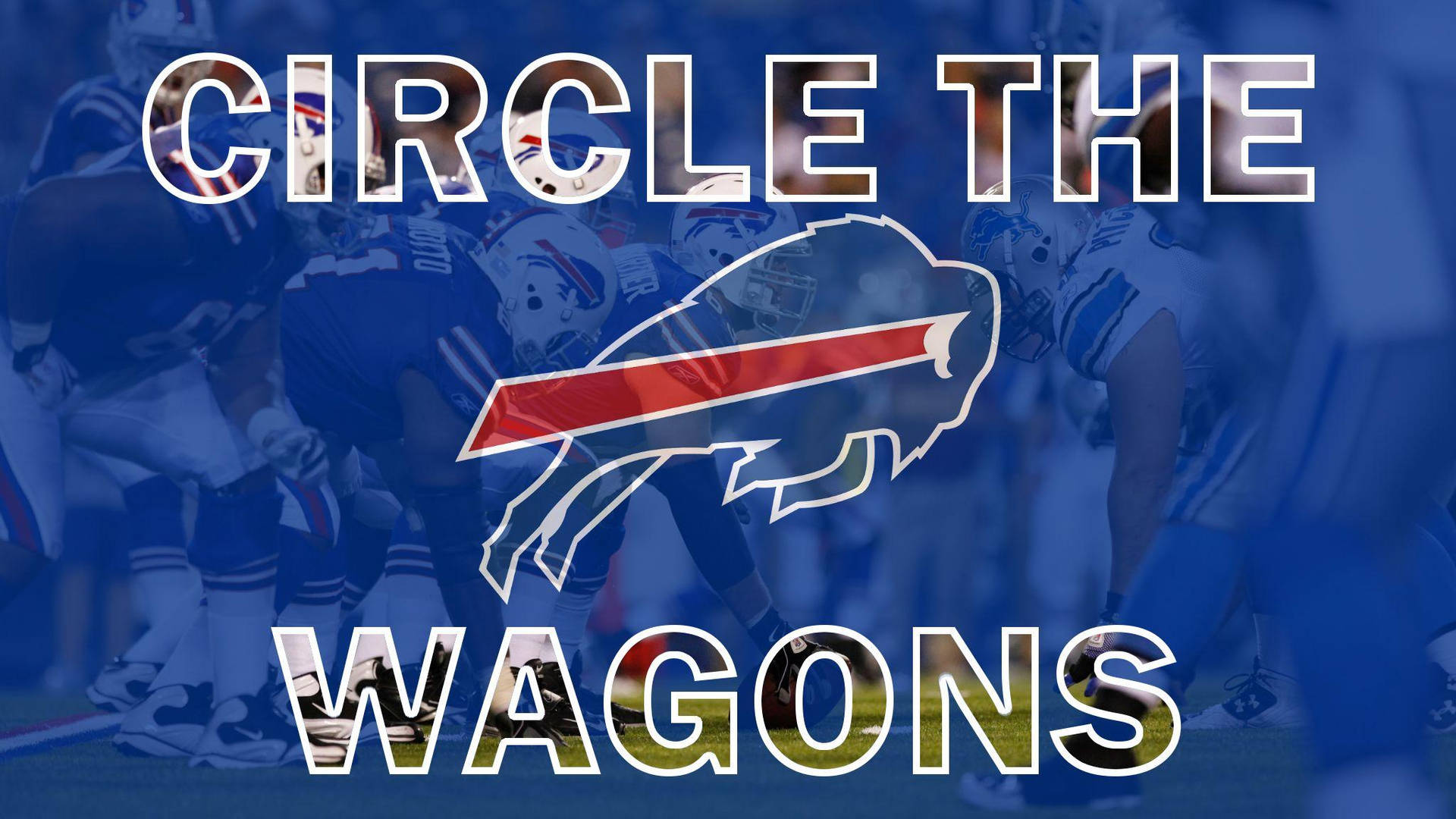 水牛城比爾隊標誌，上面有 'CIRCLE THE WAGONS' 文字，背景是足球運動員。