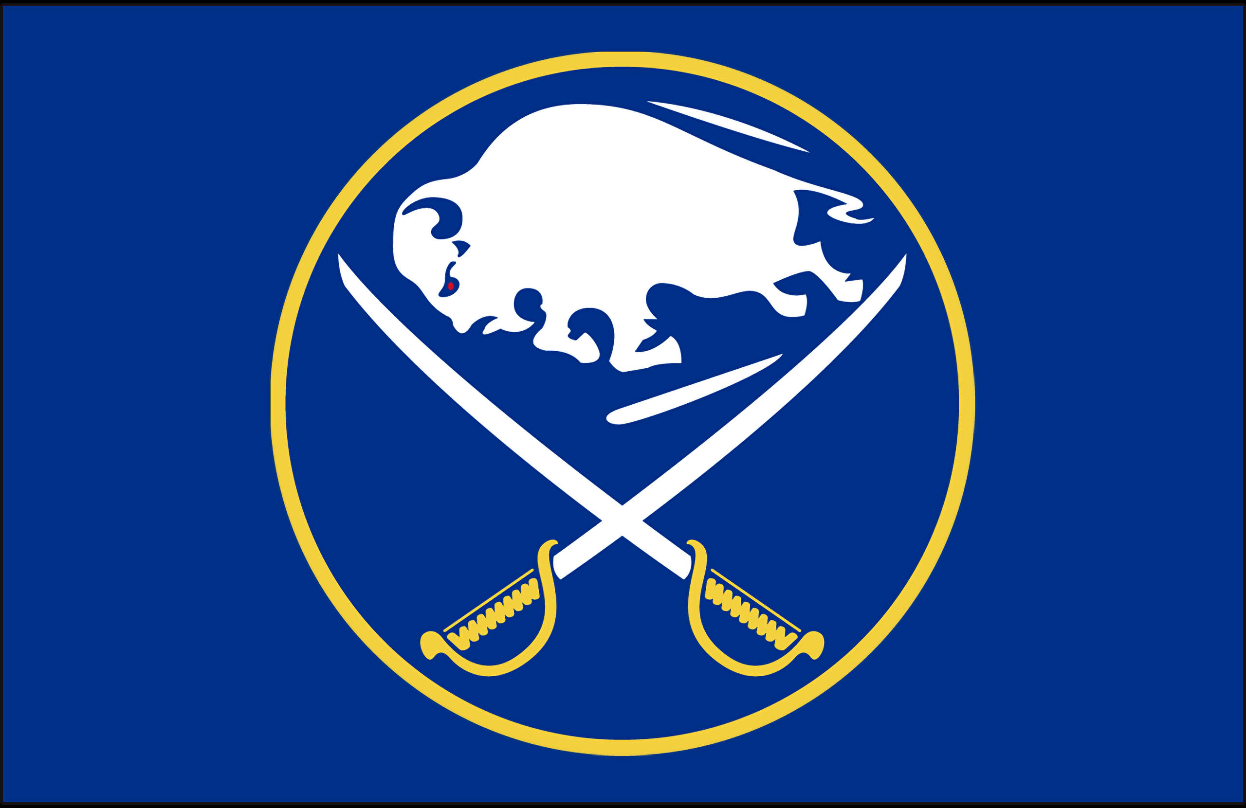Buffalo Sabres 簡約風格 壁紙 — 一面大膽的藍色旗幟上，金色圓圈內有交叉的劍，上方有一個白色水牛頭。