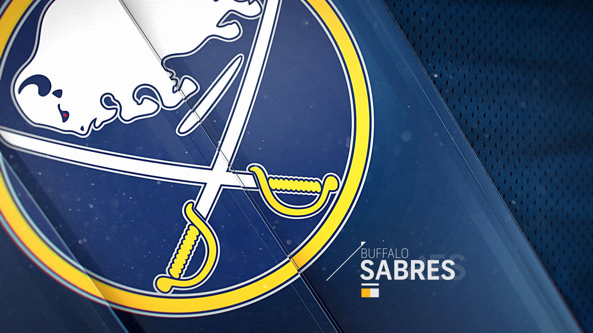 Buffalo Sabres 動感版 壁紙 — 水牛城軍刀標誌喺藍色紋理表面嘅特寫，帶有對角光反射。