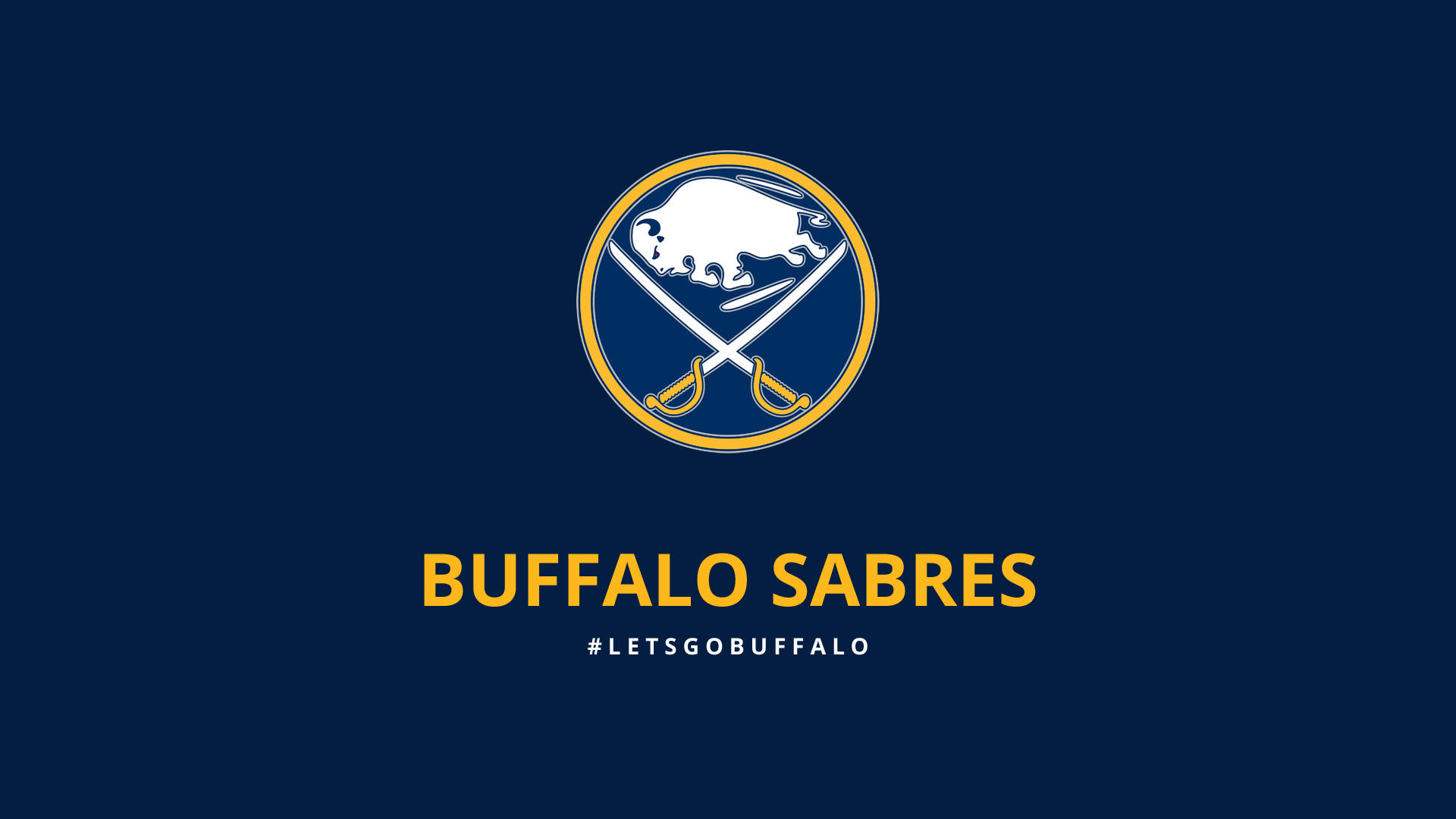 Buffalo Sabres 哈希標籤 壁紙 — 水牛城軍刀隊標誌，白色水牛和交叉劍，海軍藍背景配黃色文字。