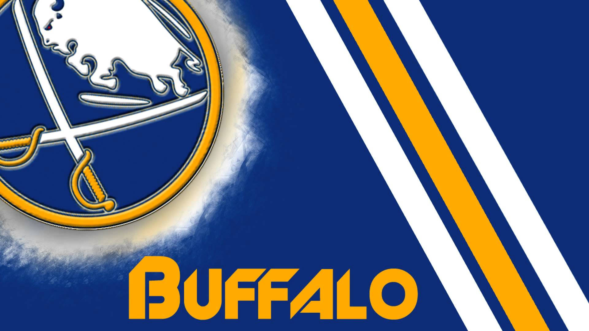 Buffalo Sabres 對角線圖像 壁紙 — 大膽的藍色背景帶有黃色和白色斜紋，展示 Buffalo Sabres 標誌和粗體黃色 BUFFALO 文字。