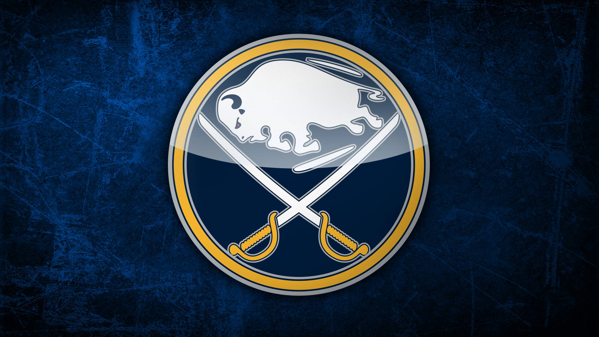 Buffalo Sabres 深藍背景徽章 壁紙 — Buffalo Sabres 標誌，銀色水牛和交叉劍在刮花的藍色背景上。