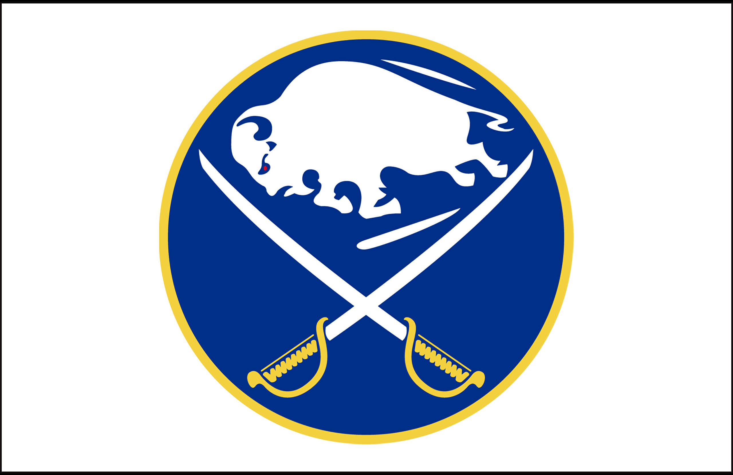 Buffalo Sabres 簡約白色 壁紙 — 一個大膽的藍色圓形徽章，白色水牛剪影和金色交叉劍，背景為白色。