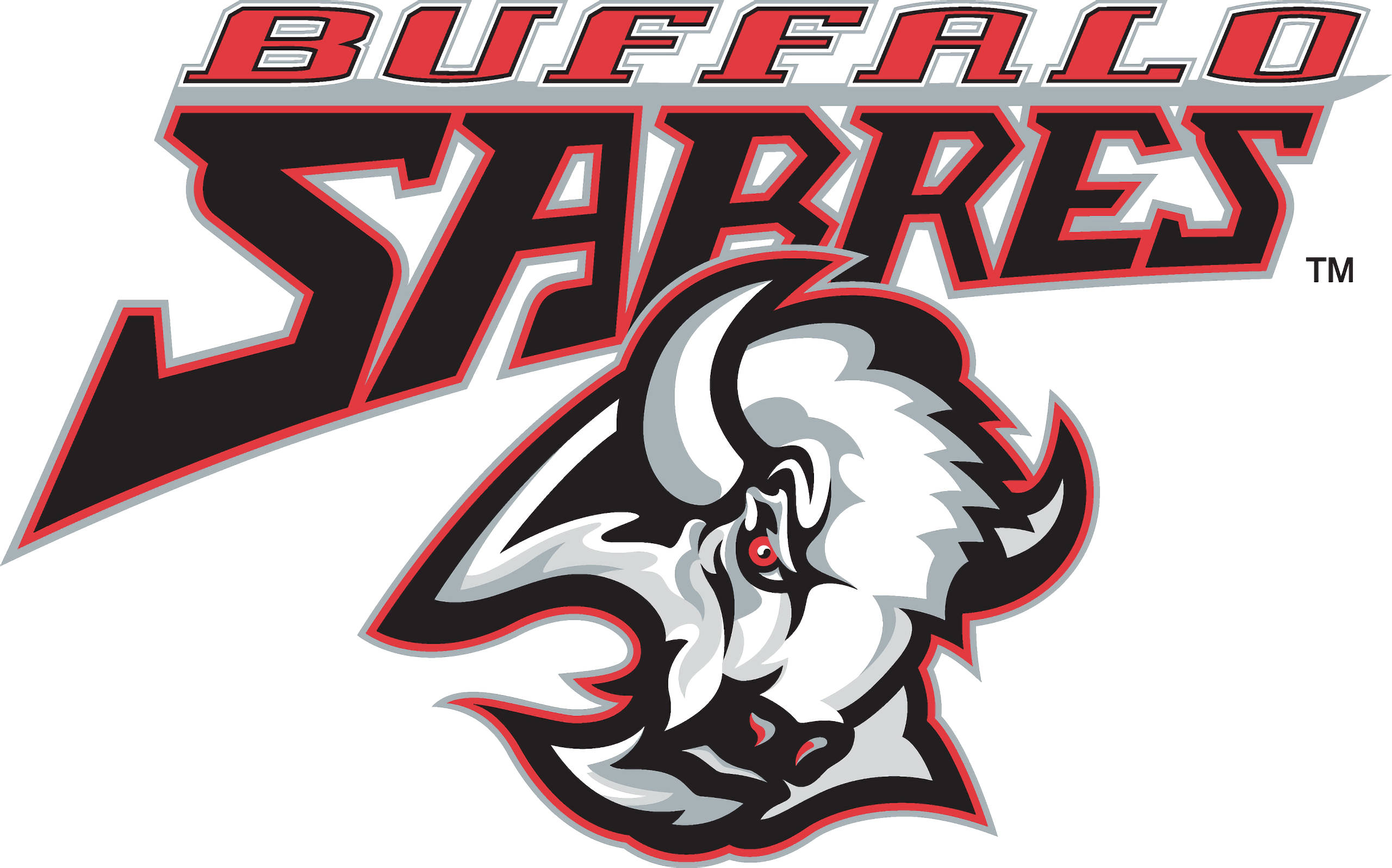 Buffalo Sabres 紅黑配色 壁紙 — 一個大膽的 Buffalo Sabres 標誌，以一隻兇猛的白水牛頭為特色，帶有紅色眼睛和黑色紅色輪廓，背景為白色。