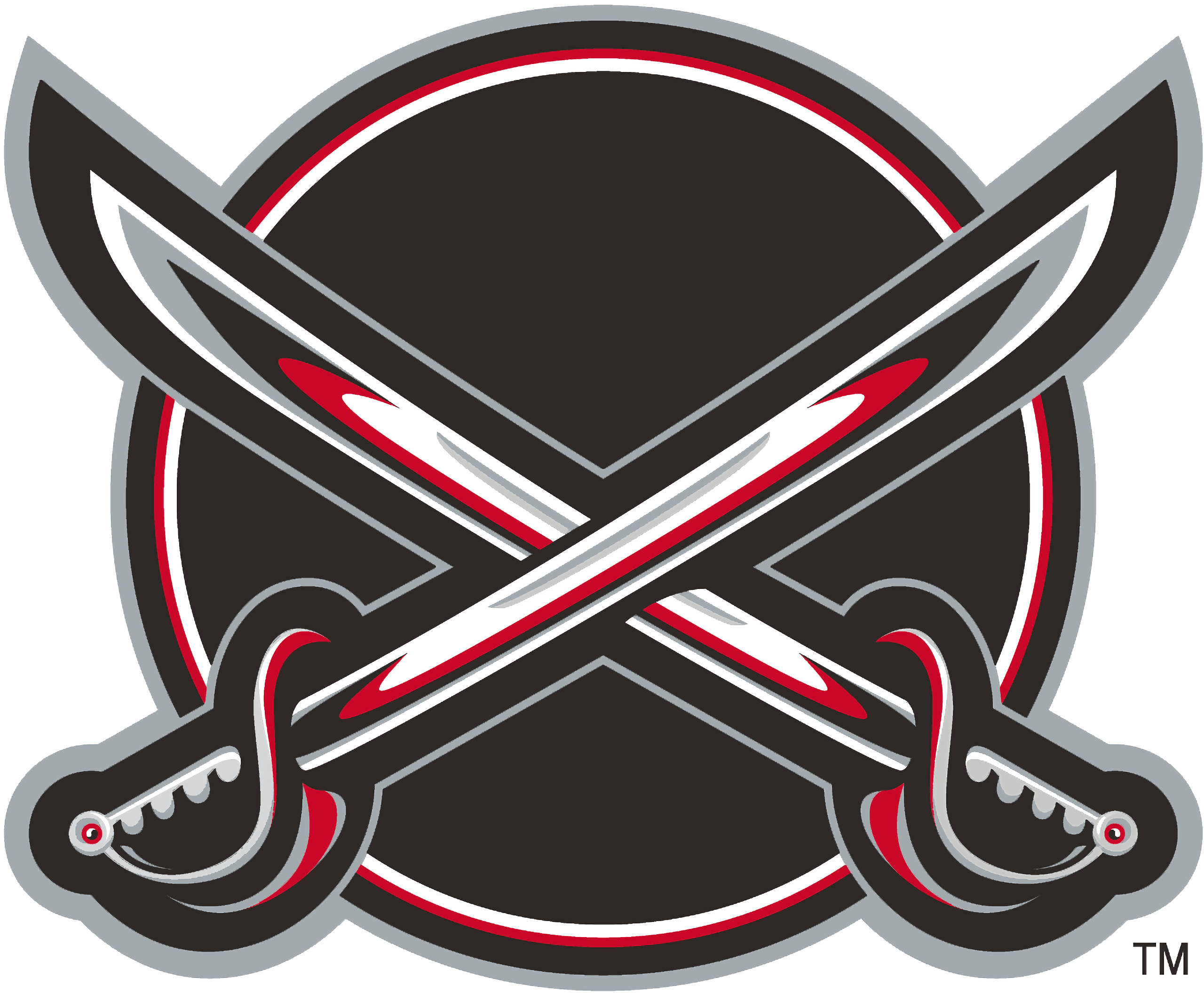 Buffalo Sabres 青銅刀刃標誌 壁紙 — 兩把交叉的劍，帶有紅色點綴和銀色劍柄，在黑色圓形背景上形成一個大膽的標誌。