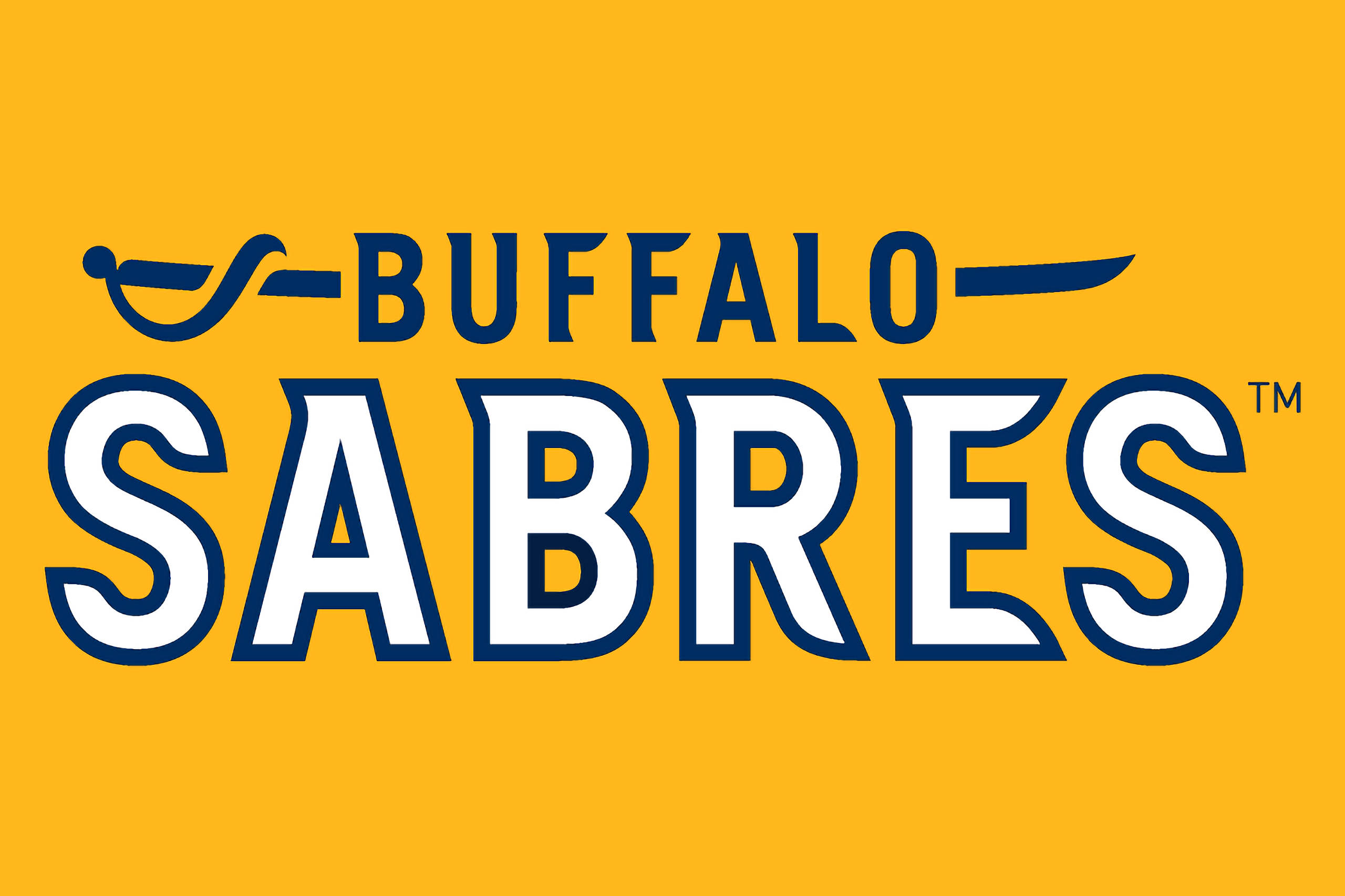 Buffalo Sabres 黃色文字 壁紙 — 大膽的Buffalo Sabres標誌，海軍藍和白色，在充滿活力的黃色背景上，帶有軍刀圖形。
