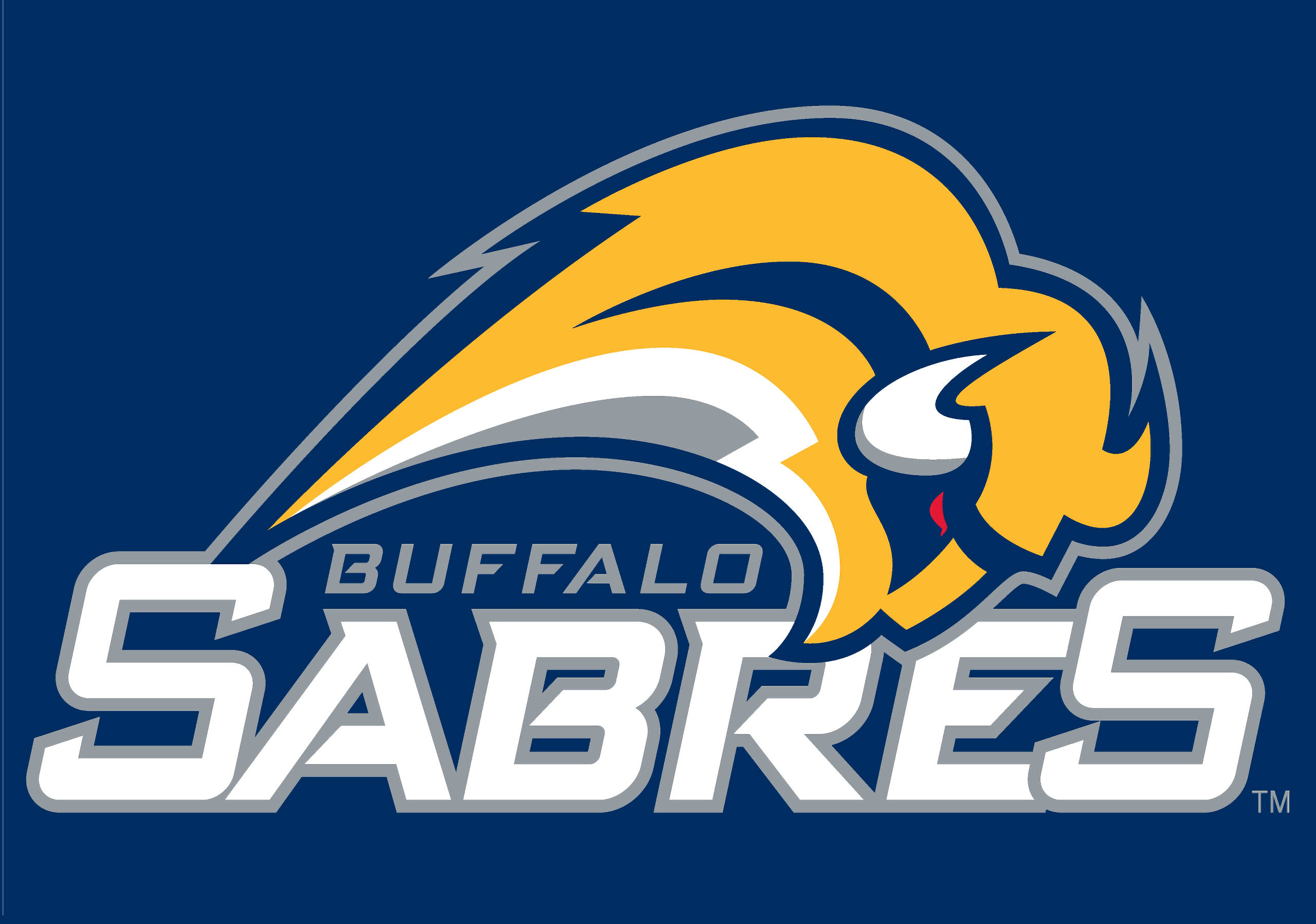 Buffalo Sabres 黃白配色 壁紙 — 大膽的 Buffalo Sabres 標誌，以黃色水牛頭搭配白色和灰色點綴，置於深藍色背景上。