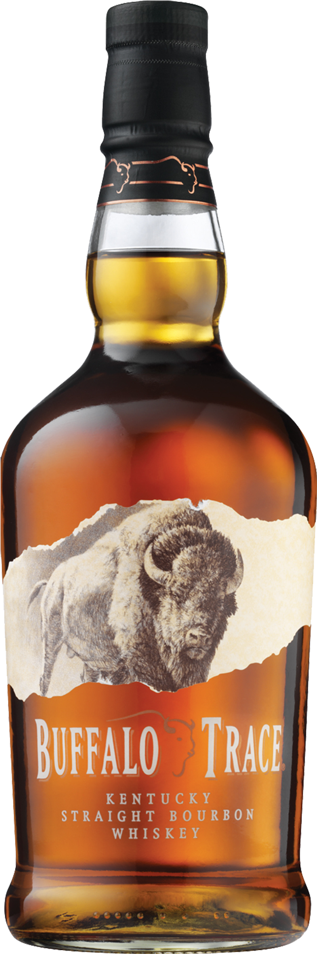 Buffalo Trace 田納西州直火波本威士忌瓶 壁紙 — 一瓶清澈的玻璃瓶 Buffalo Trace 肯塔基純波本威士忌，標籤上有野牛插圖。