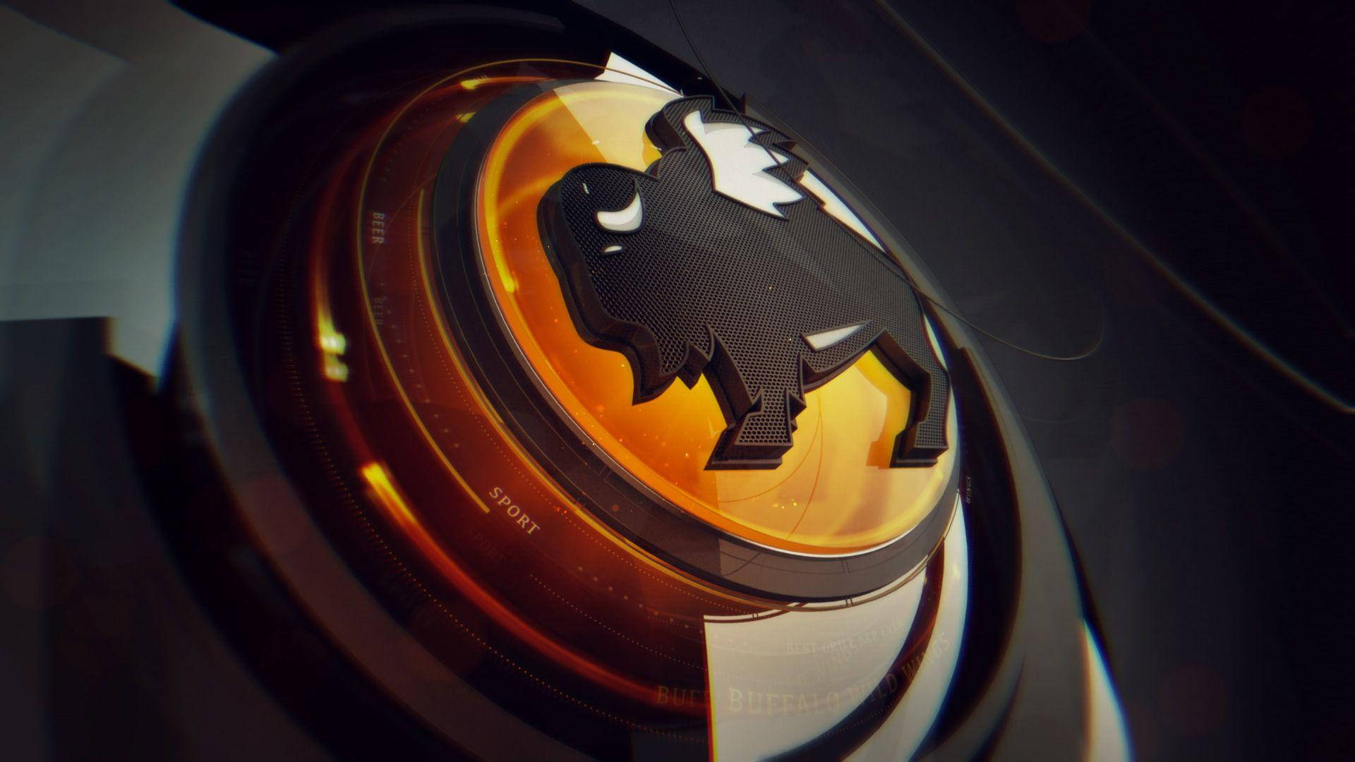 Buffalo Wild Wings 3D 數位藝術 壁紙 — 一個時尚的黑色水牛標誌在圓形琥珀色發光的儀表板介面中溫暖地發光。