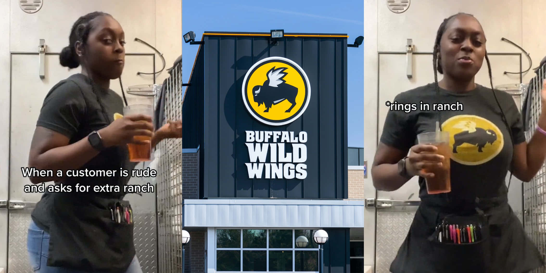 在 Buffalo Wild Wings 訂購比賽日雞翅 壁紙 — Buffalo Wild Wings 嘅侍應拎住杯飲品，同時對客人無禮要求額外牧場醬作出反應。
