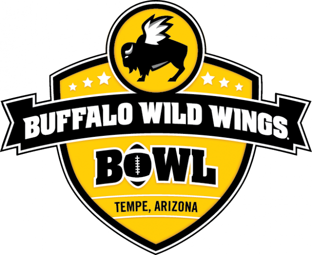 Buffalo Wild Wings Bowl 標誌 壁紙 — 大膽的黃色和黑色 Buffalo Wild Wings Bowl 標誌，特色是帶翅膀的水牛和足球。
