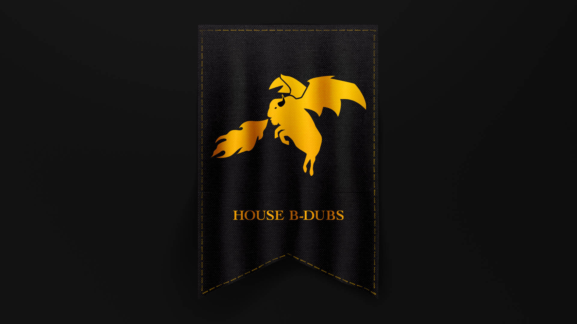 Buffalo Wild Wings 金色海報 壁紙 — 一個金色蝙蝠徽章，帶有火焰尾巴，位於黑色紋理橫幅上，標有 house b-dubs。
