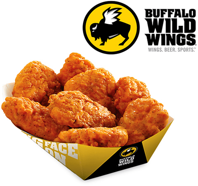 Buffalo Wild Wings 雞肉 壁紙 — 特寫鏡頭：脆皮水牛城雞翼放在印有品牌標誌的黃黑紙托盤上，上方有Buffalo Wild Wings標誌。