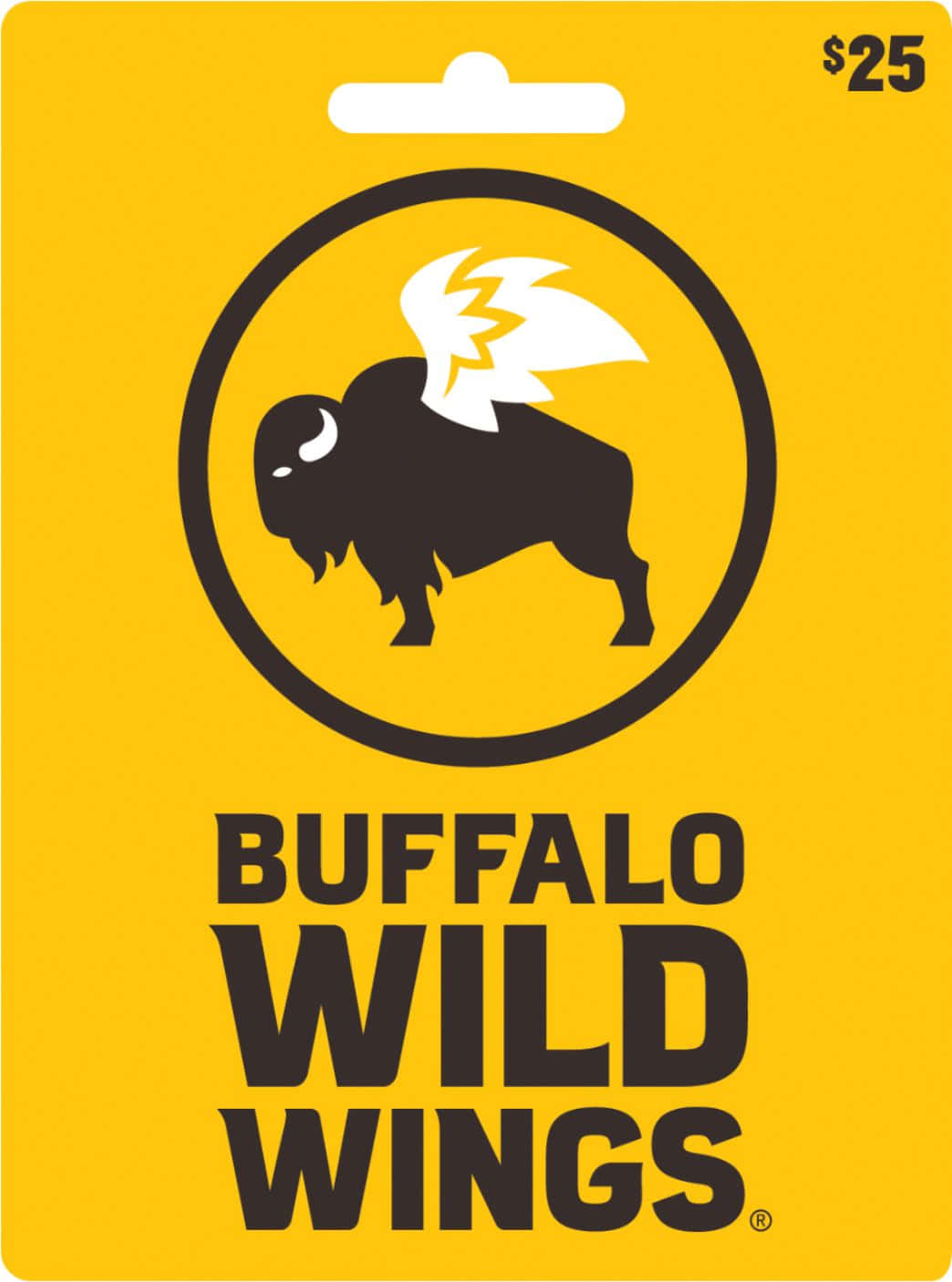 於Buffalo Wild Wings享受美味佳餚 壁紙 — 一張亮黃色的Buffalo Wild Wings禮品卡，圓圈內有一隻帶白色翅膀的黑色水牛。