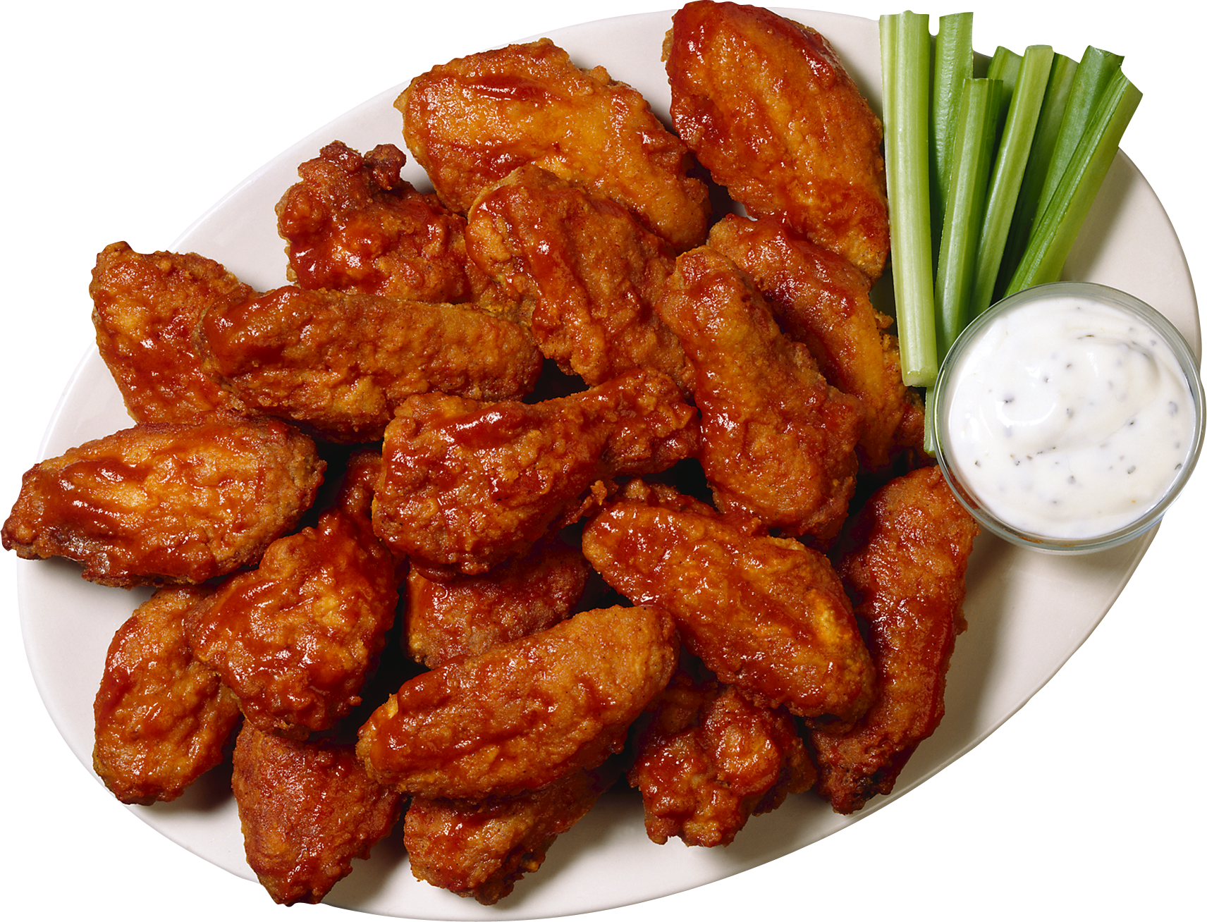 Buffalo Wings 盤子配蘸醬 壁紙 — 脆皮水牛城雞翼閃爍著醬汁，盛載於白碟上，伴以芹菜條和牧場沙律醬。