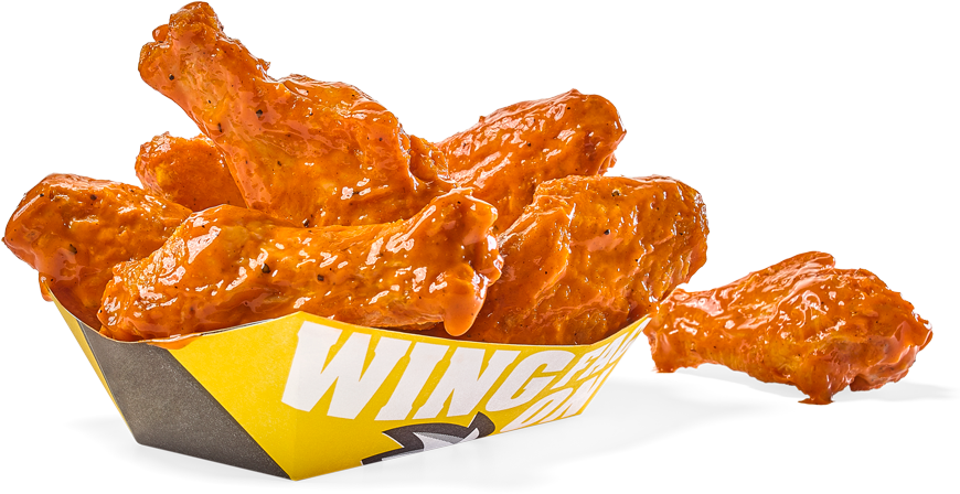 辣味 Buffalo Wings 食物壁紙 壁紙 — 閃閃發光的水牛城雞翼放在一個黃色品牌盒中，旁邊還有一隻雞翼。