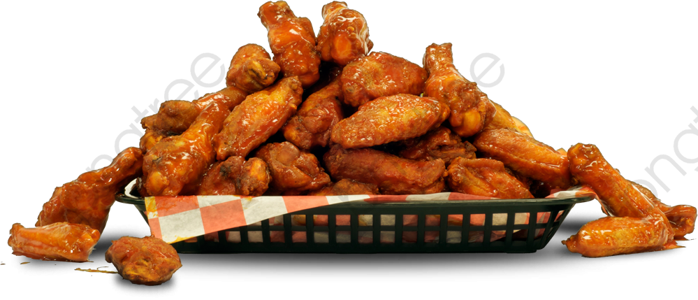 Buffalo Wings 盤 壁紙 — 一堆油亮多汁的雞翅從鋪有紅白格子紙的黑色籃子中溢出。