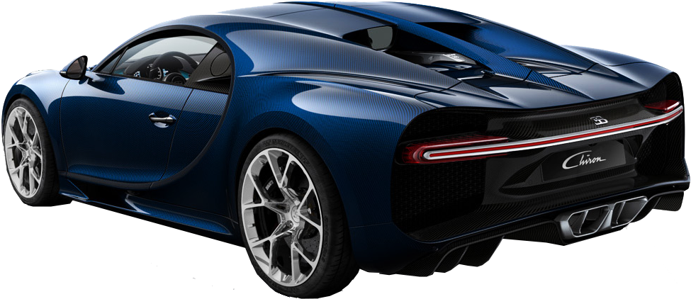 藍色Bugatti Chiron後視圖 壁紙 — 一輛時尚的藍色Bugatti Chiron跑車，帶有碳纖維細節和發光的尾燈，背景為黑色。