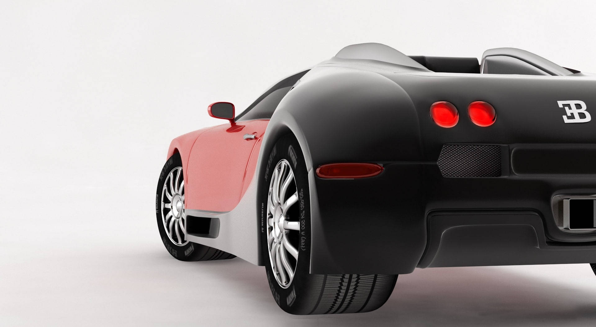 黑色和粉紅色Bugatti跑車，在工作室環境中帶有紅色尾燈。