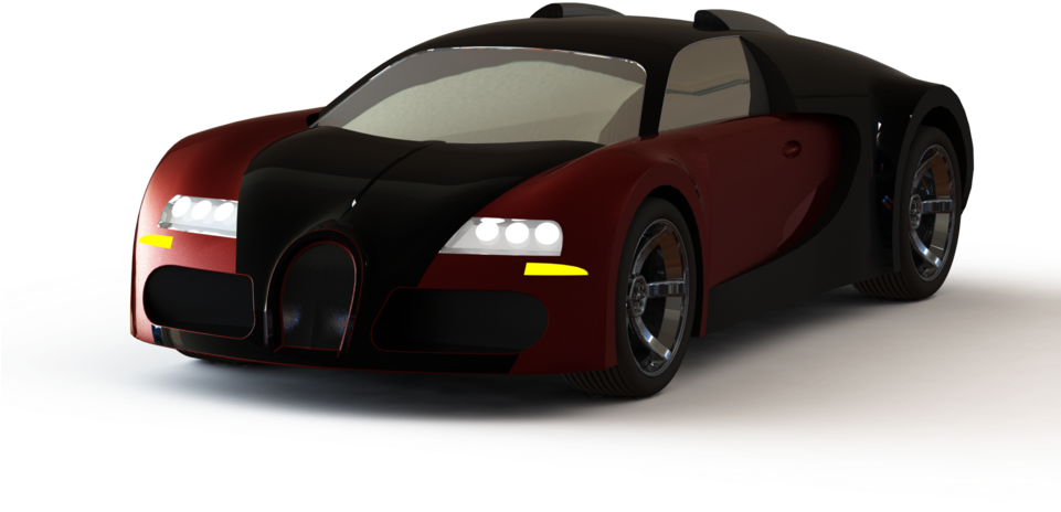 紅黑配色Bugatti Veyron 3D模型 壁紙 — 一輛時尚的紅色和黑色Bugatti超級跑車，帶有發光的頭燈，放置在一個極簡的白色平台上，背景為黑色。