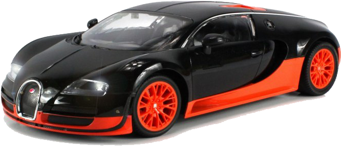 黑橙配色Bugatti Veyron側面視圖 壁紙 — 一輛時尚的黑色和橙色Bugatti Veyron模型車，帶有發光的頭燈和精細的輪轂。
