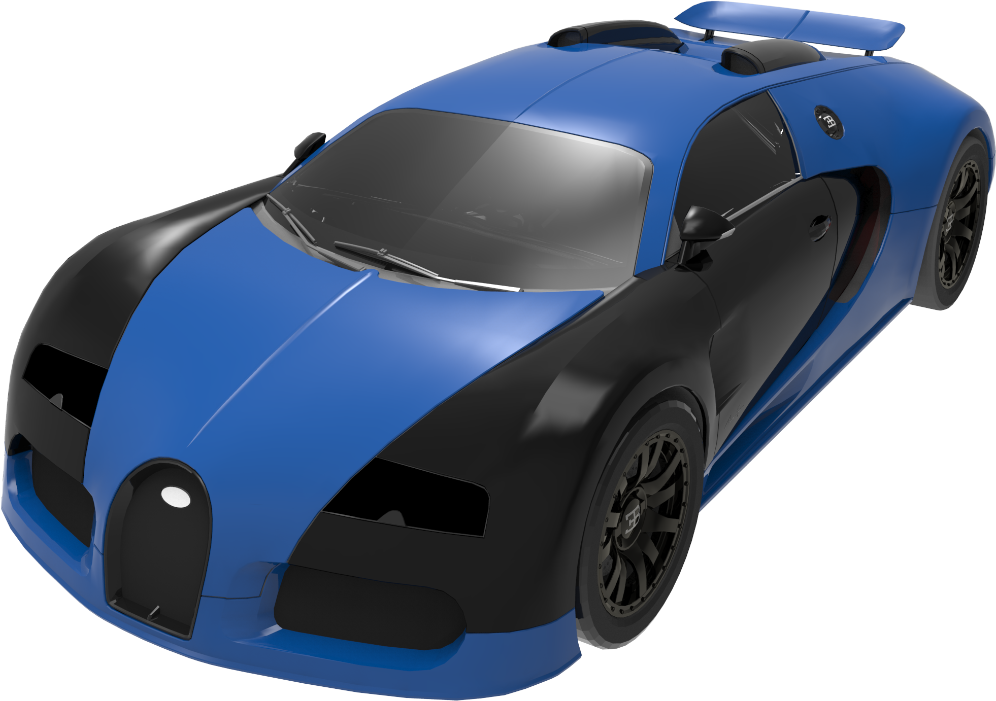 藍黑配色Bugatti Veyron側面視圖 壁紙 — 一輛時尚的藍黑布加迪超級跑車，具有空氣動力學曲線和突出的後翼。
