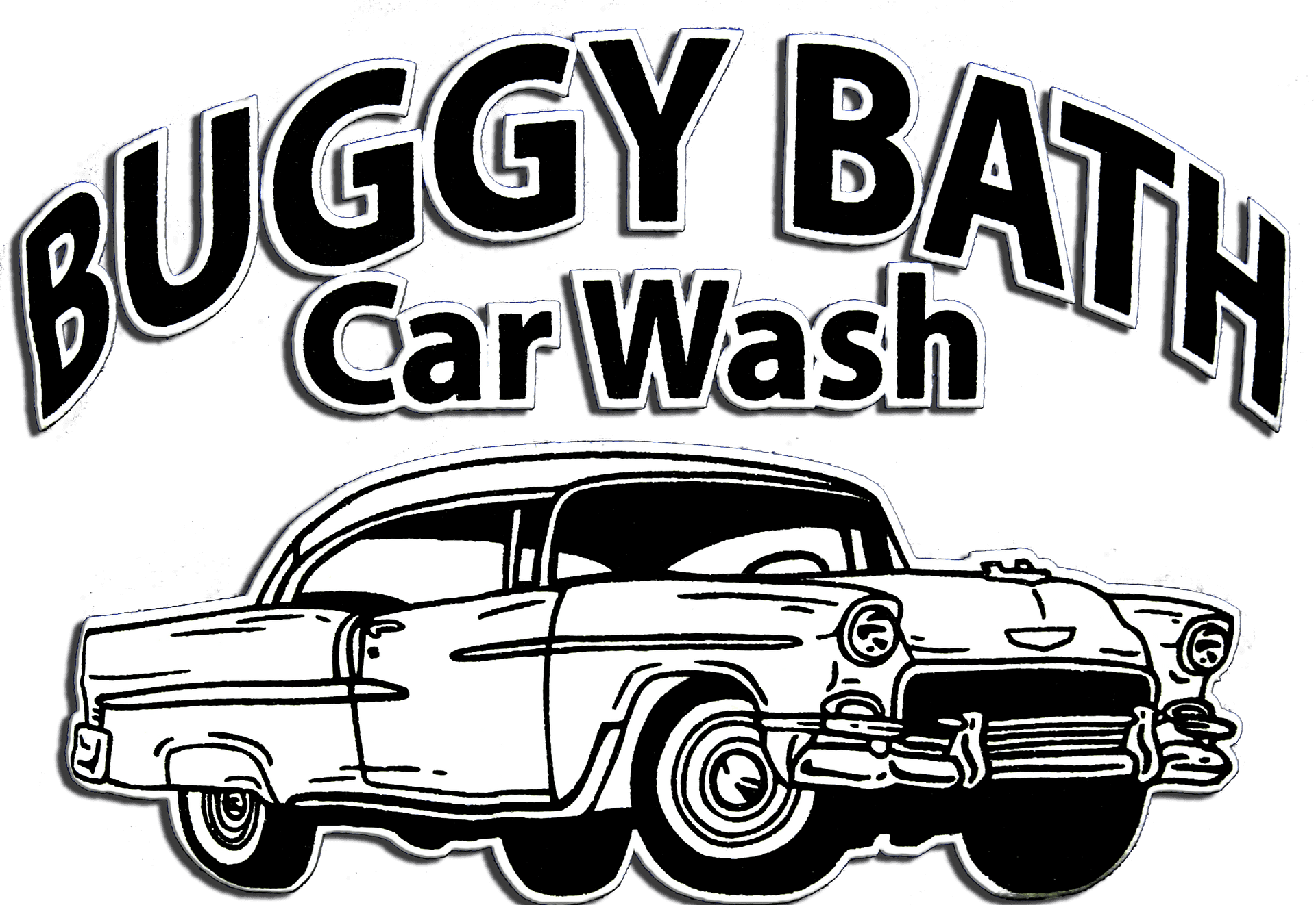 Buggy Bath 汽車洗車復古招牌 壁紙 — 大膽的黑白插圖，描繪一輛老爺車在「Buggy Bath Car Wash」標誌下，帶有滴落效果的字體。