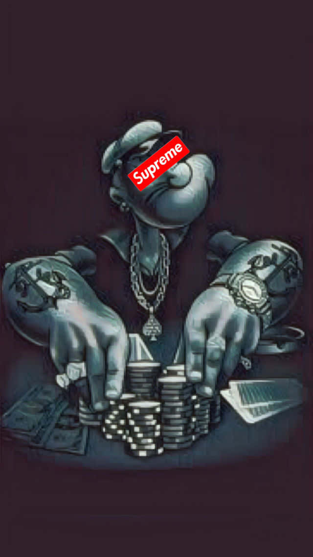 Bugs Bunny Supreme — 經典卡通角色的全新詮釋 壁紙 — 一個卡通人物，臉部是Supreme標誌，在昏暗的桌子上堆疊籌碼。