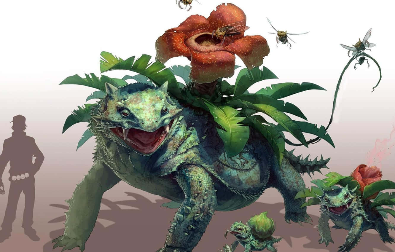 Bulbasaur、Ivysaur 與 Venusaur 實景風 壁紙 — 一隻背上長著巨大紅花、蜜蜂嗡嗡圍繞的恐怖綠色爬行生物。
