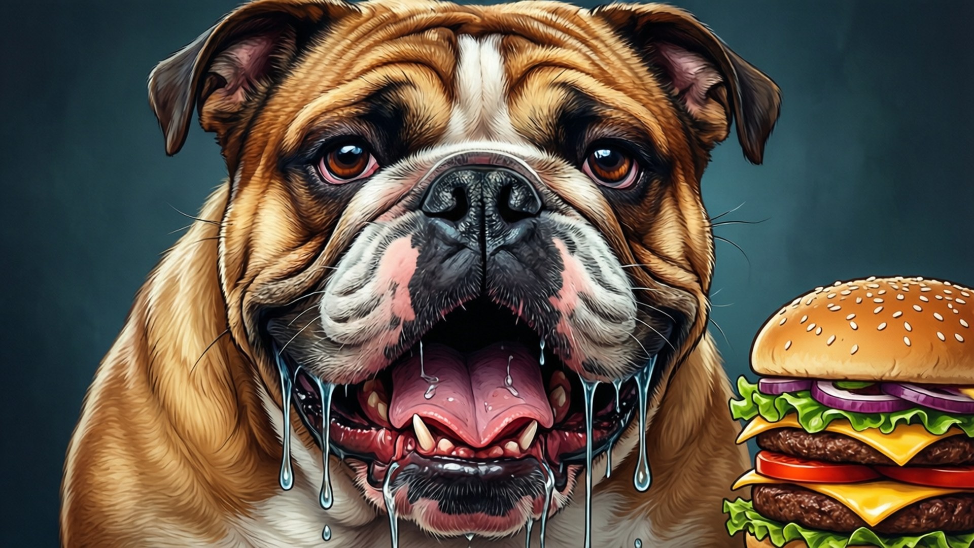 一隻流口水的鬥牛犬盯著一個帶芝麻麵包的大芝士漢堡