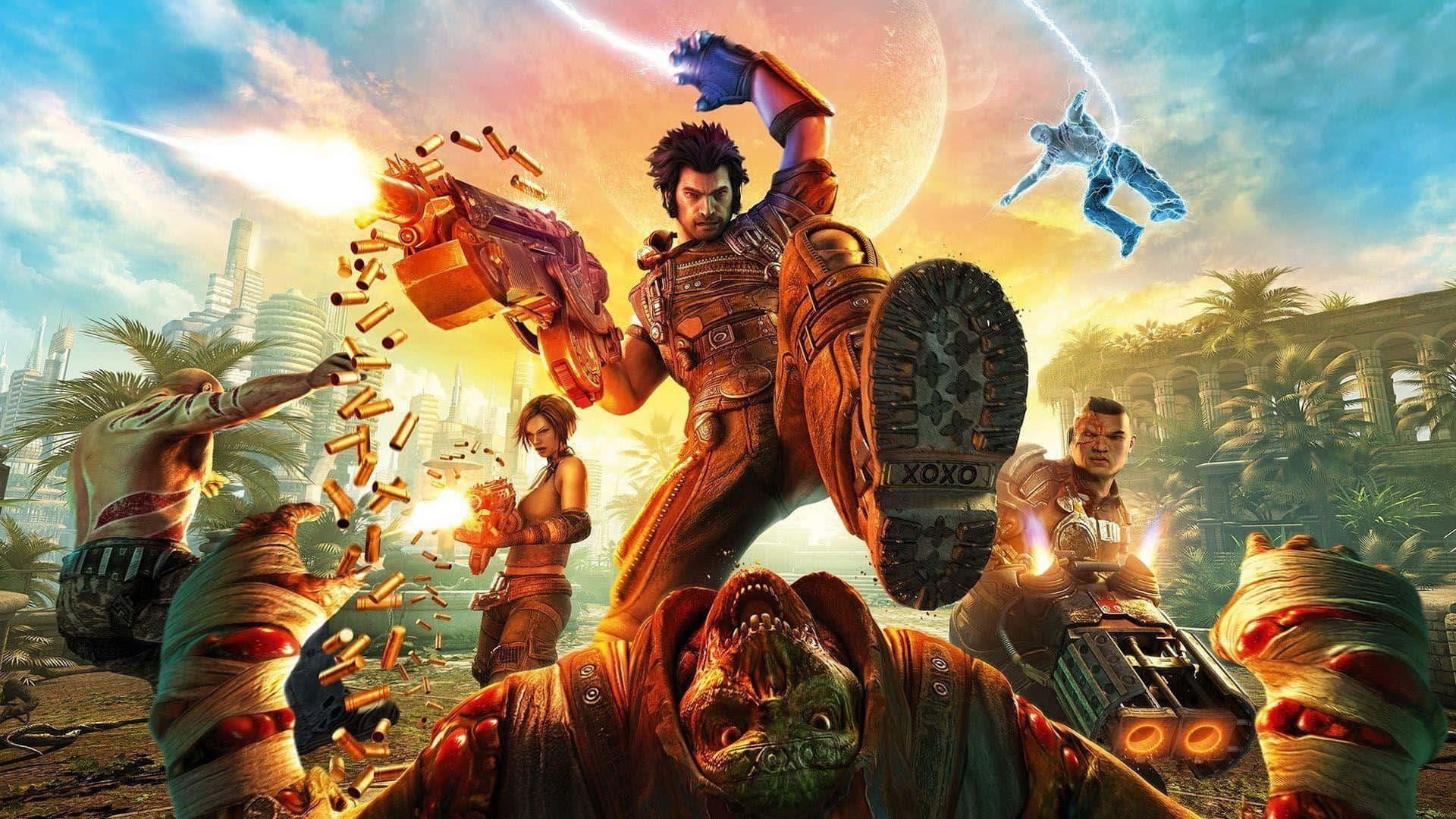 戰士在科幻叢林中用未來武器和車輛與怪物戰鬥。