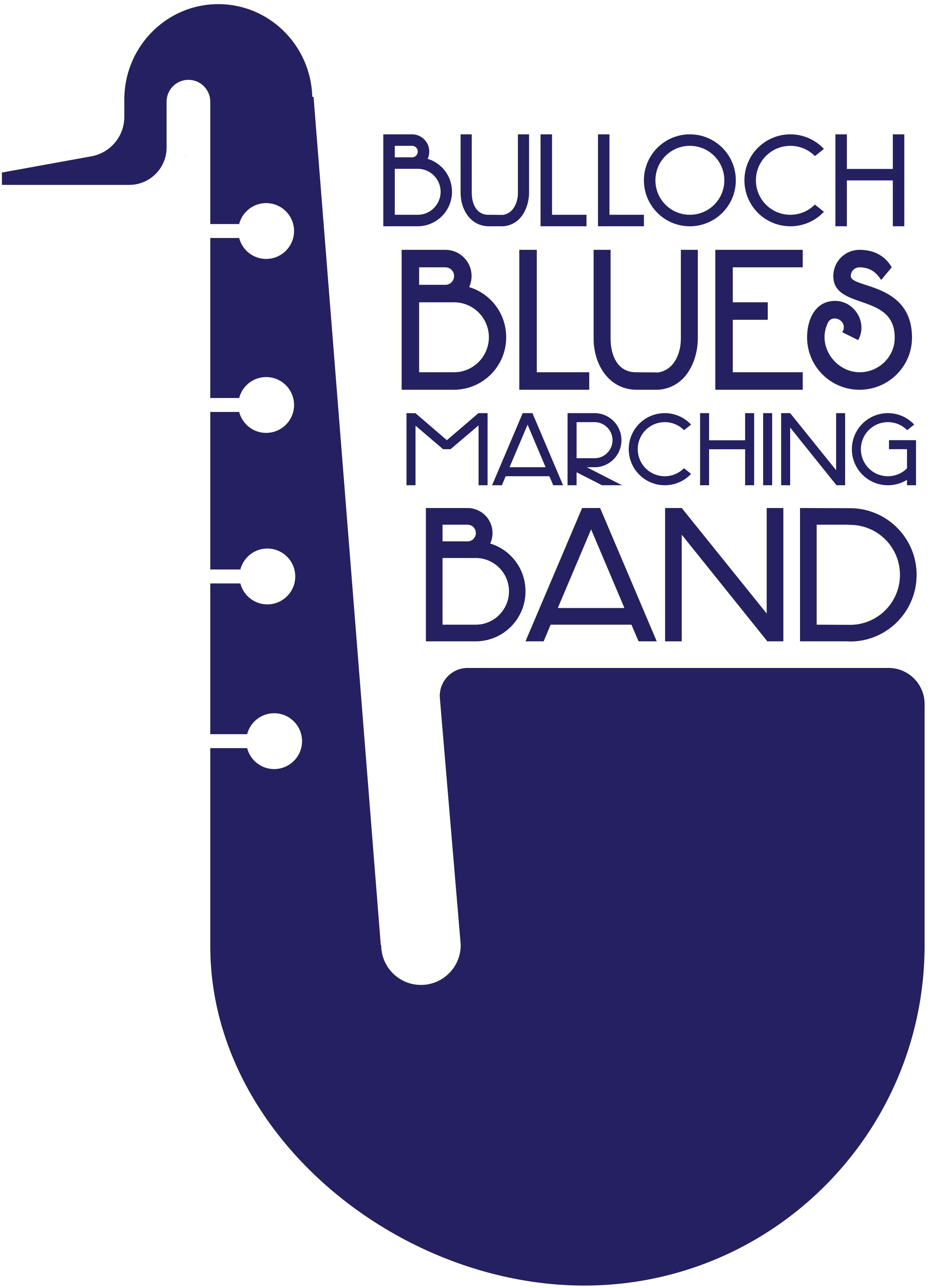 Bulloch Blues行進樂隊標誌 壁紙 — 一個風格化的深藍色色士風標誌，帶有匹配藍色的「BULLOCH BLUES MARCHING BAND」文字和微妙的漸變輪廓。