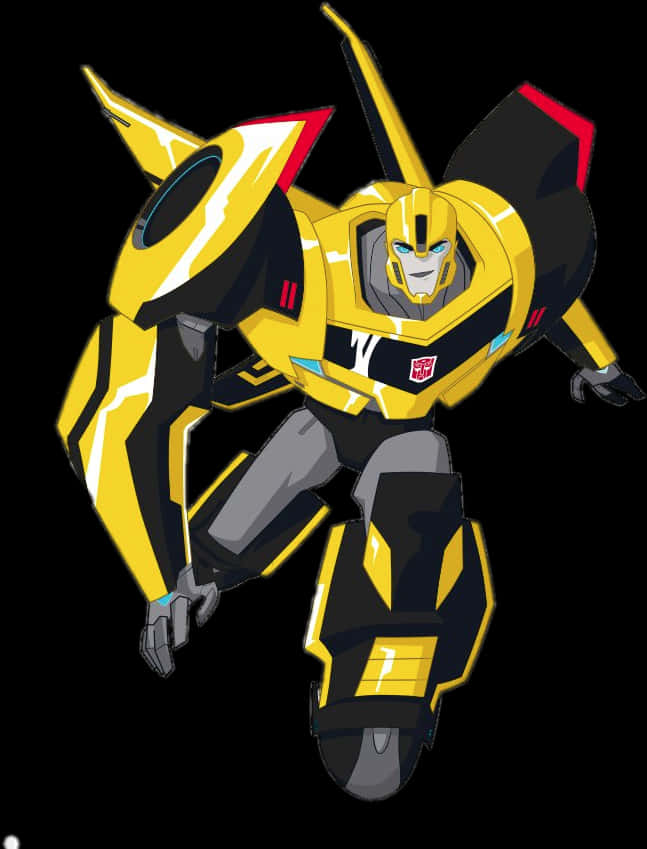 動畫版變形金剛Bumblebee 壁紙 — 一個充滿動感的黃黑配色機械人，帶有紅色點綴，以英雄姿態站立在純黑色背景前。
