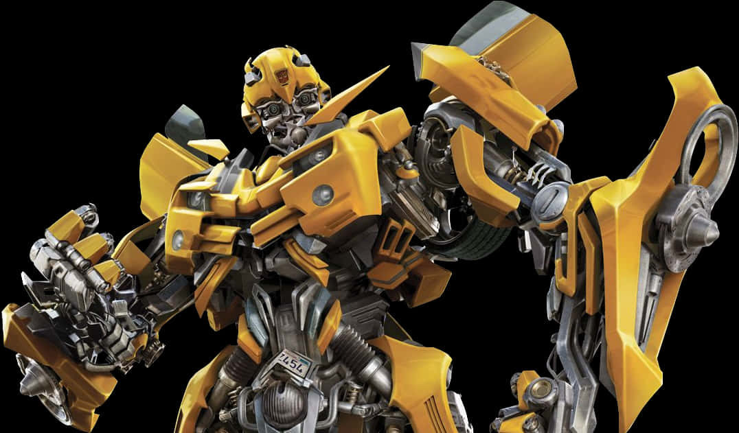 變形金剛角色Bumblebee機械人 壁紙 — 一個細節豐富的黃色和銀色機械人，帶有外露的機械部件，動態地站在黑色背景前。