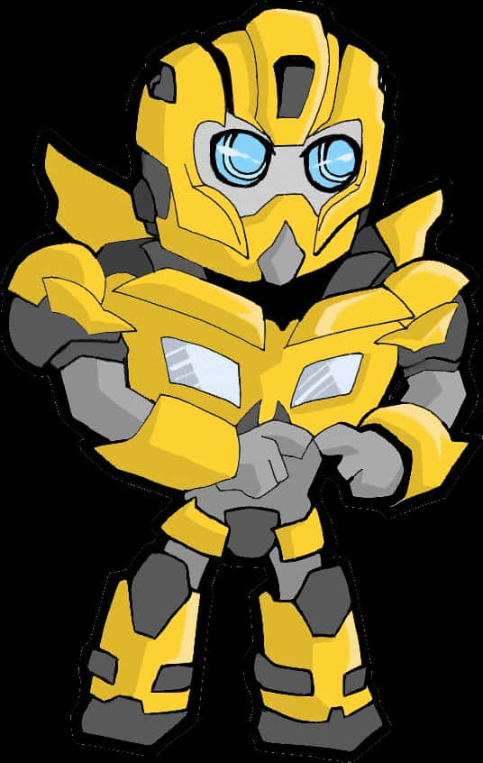 動畫版 Bumblebee 角色插畫 壁紙 — 一個黃黑配色、大眼睛藍色的Q版機械人自信地站在黑色背景前。