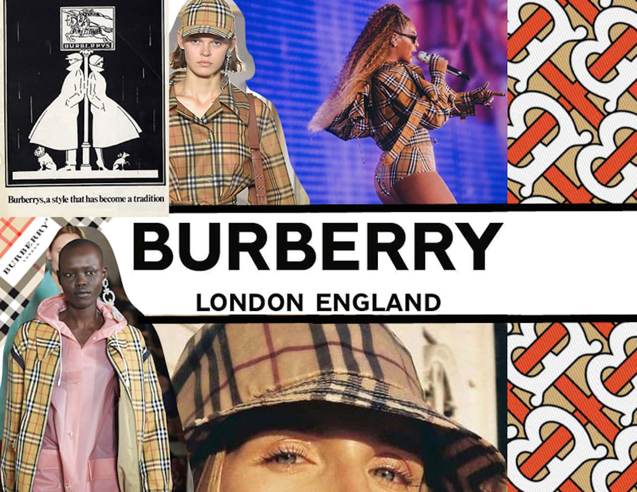 以 Burberry 展現個人風格 壁紙 — 一個展示 Burberry 時尚的拼貼畫，模特兒穿著標誌性格子圖案和品牌標誌，背景多樣。