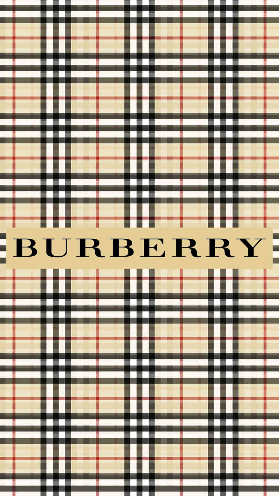 經典 Burberry 檢格標誌 壁紙 — 經典 Burberry 格紋圖案牆紙，帶有米色、黑色、紅色和白色條紋，中央有品牌標誌。