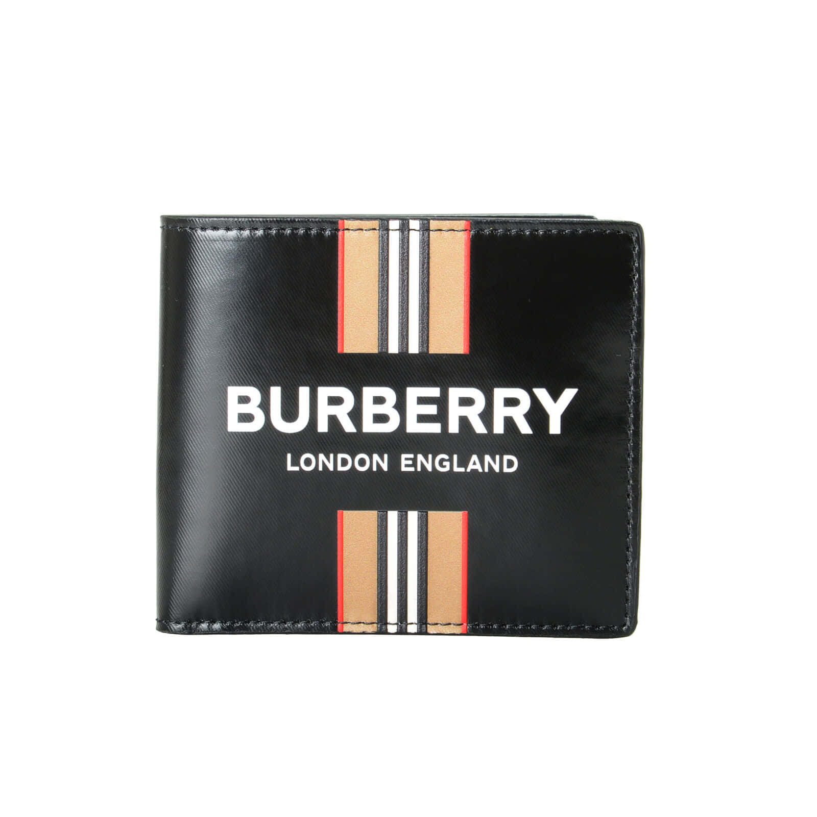 黑色Burberry銀包，帶有標誌性條紋和白色文字，背景為白色。