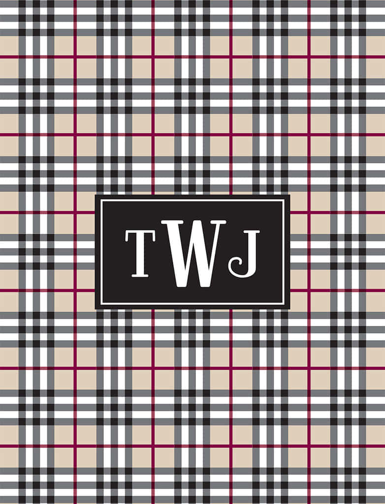 米色、黑色和白色格子壁紙，中央黑色框內有白色字母組合 TWJ。