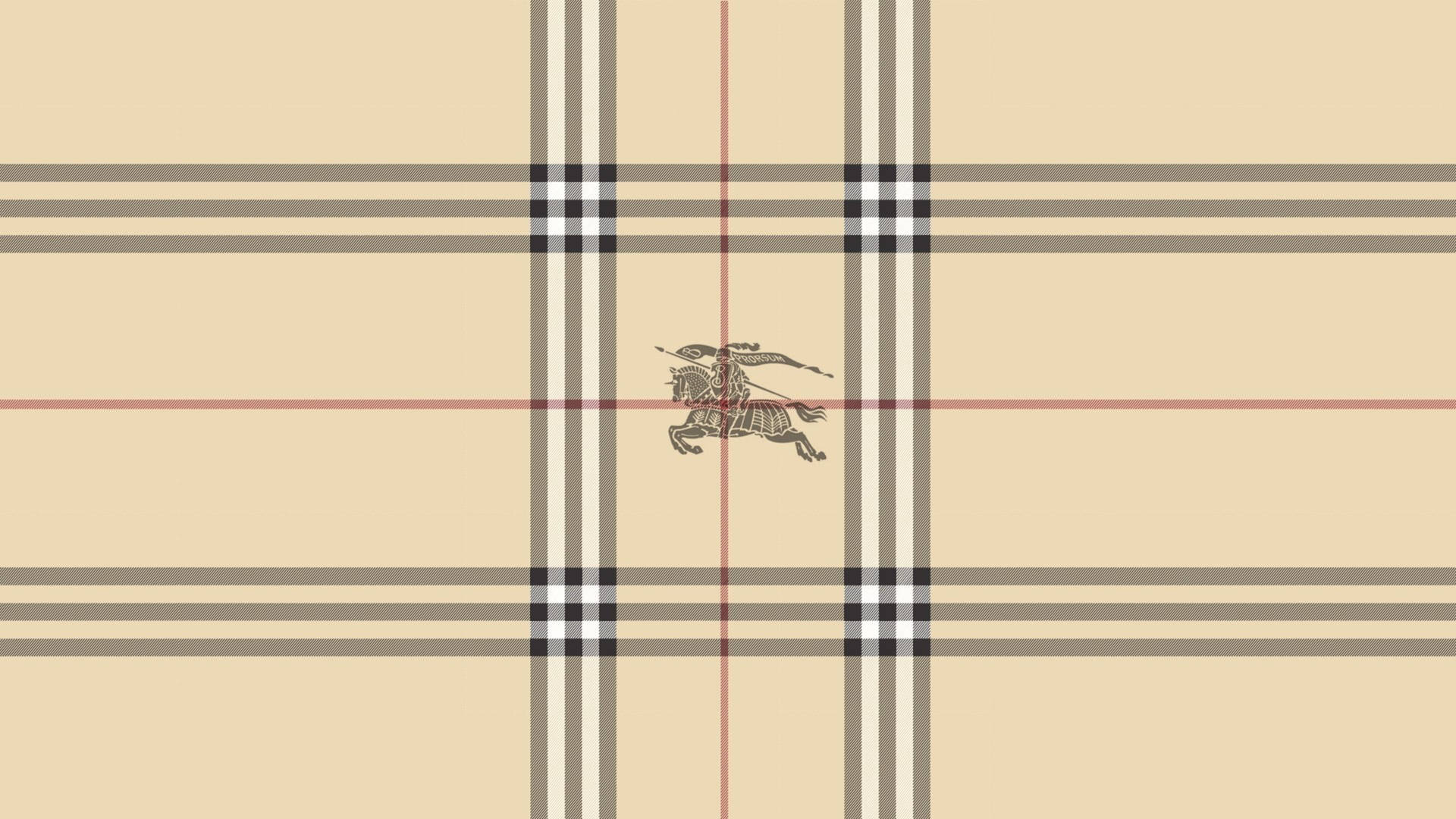 Burberry 格紋圖案，中央有騎士標誌，背景為奶油色