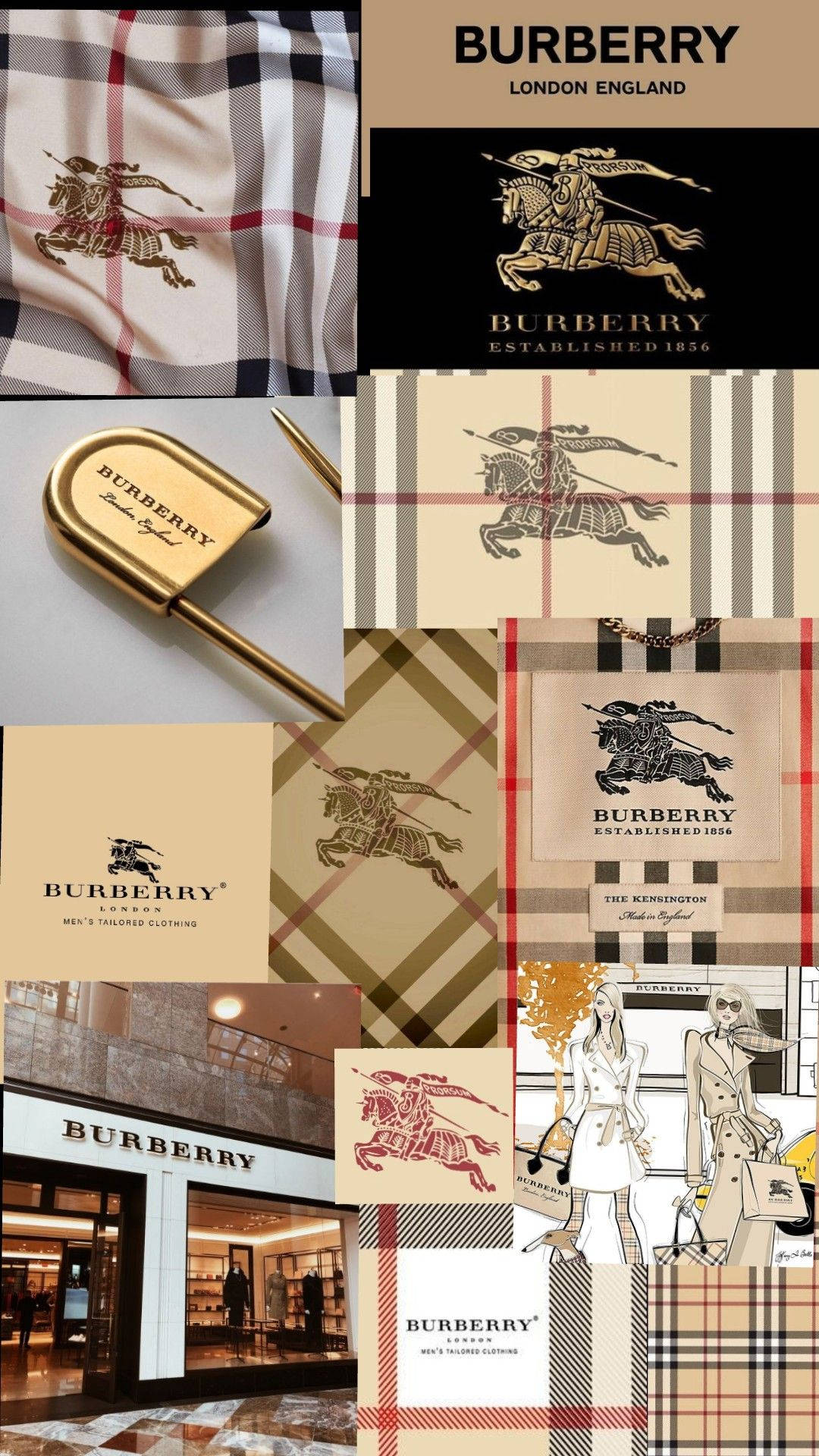 Burberry 品牌拼貼畫，包含格紋圖案、騎士標誌、商店和配件。