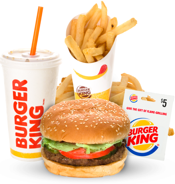 Burger King套餐 壁紙 — 漢堡王餐點，包含芝麻麵包漢堡、薯條和飲料，以及一張促銷禮品卡，背景為白色。