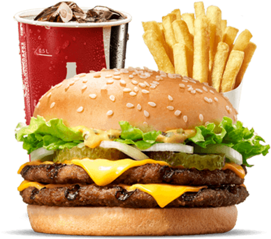 Burger King 餐點組合 壁紙 — 多汁的雙層芝士漢堡配生菜、洋蔥和酸黃瓜，旁邊是香脆薯條和紅色杯子裡的冰凍汽水。