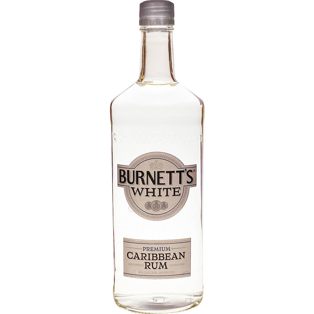 Burnett's 白色加勒比朗姆酒 壁紙 — 一瓶清澈的玻璃瓶裝Burnett's White Premium Caribbean Rum，居中放置在純白背景前。