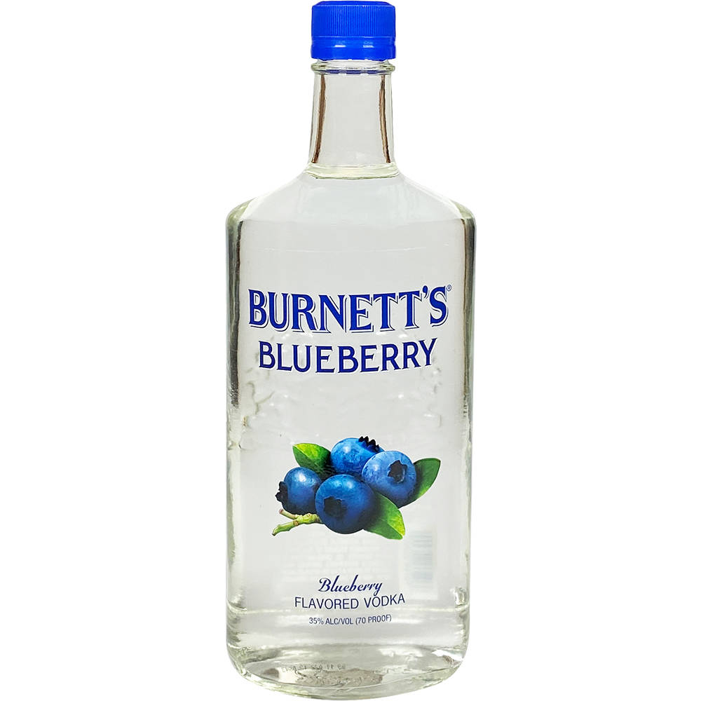 Burnett's藍莓伏特加樂趣 壁紙 — 一個透明玻璃瓶的Burnett's藍莓味伏特加，帶有藍色瓶蓋和藍莓插圖，背景為白色。