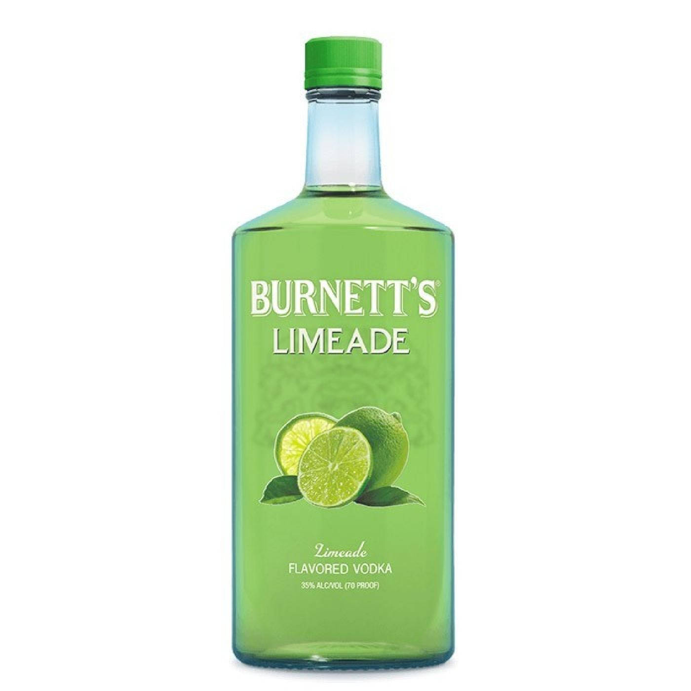 Burnett's Limeade 壁紙 — 一瓶透明玻璃瓶裝的 Burnett's 青檸味伏特加，帶有綠色瓶蓋和標籤，標籤上有青檸片圖案，背景為白色。